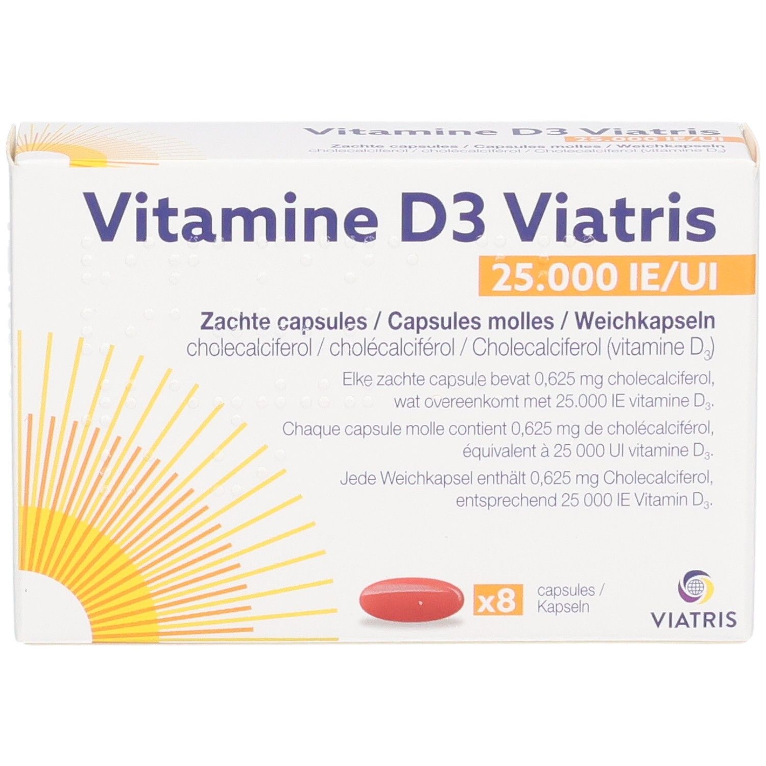 Vitamine D3 Viatris 25.000 IE/UI zachte capsules Doos met 8 capsules.