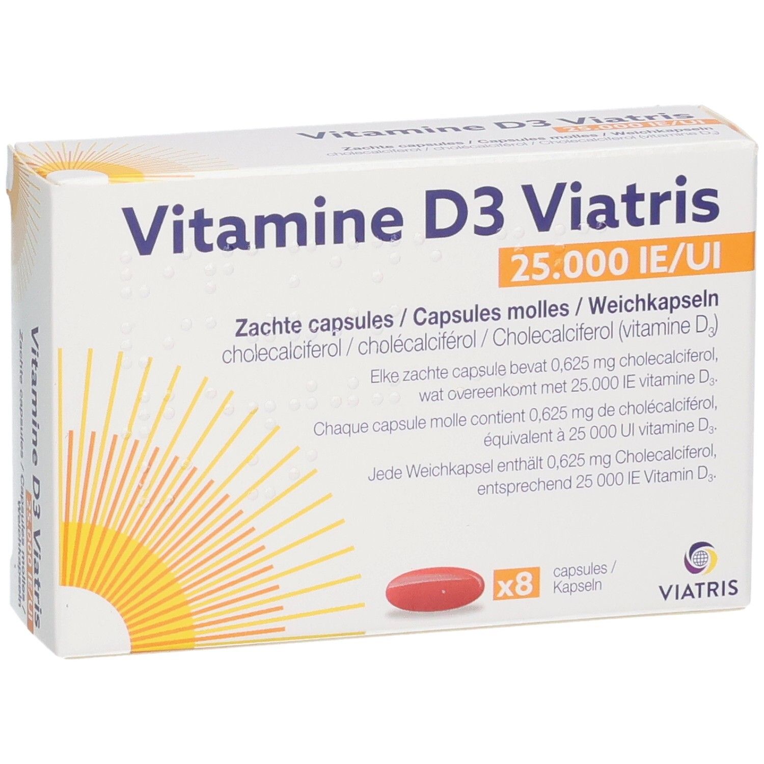 Vitamine D3 Viatris 25.000 IE/UI zachte capsules Doos met 8 capsules.