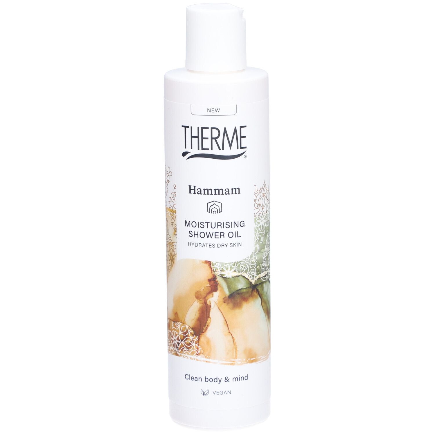 Witte fles Therme Hammam douche-olie. Opschrift: Moisturising Shower Oil. Vegan logo.