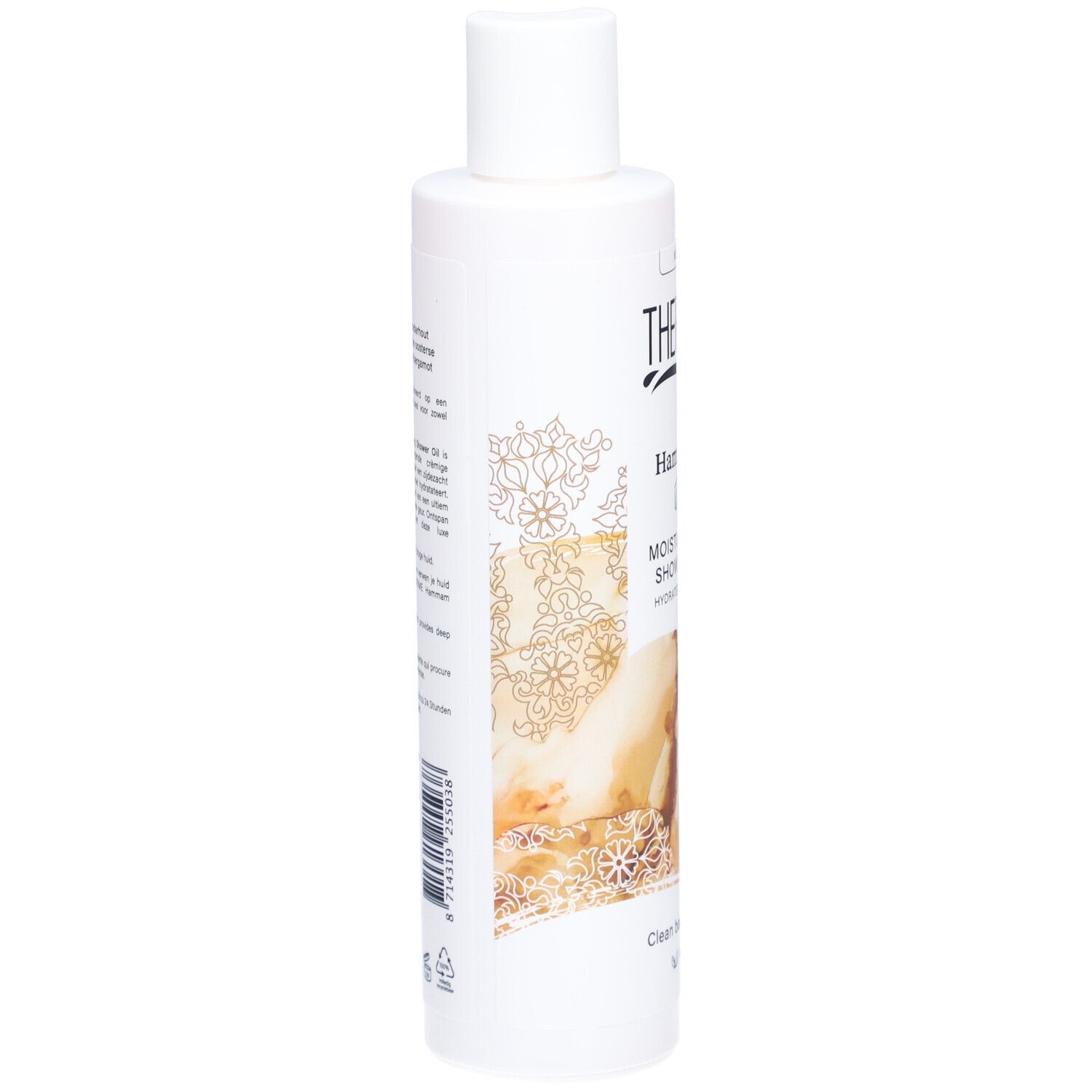Witte fles, zijaanzicht. Therme Hammam douche-olie. Tekst en design. Barcode.