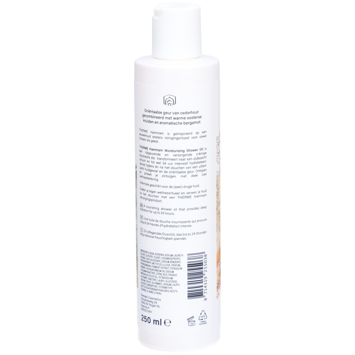 Achterkant witte fles. Meertalige tekst. 250 ml. Recycling symbool.