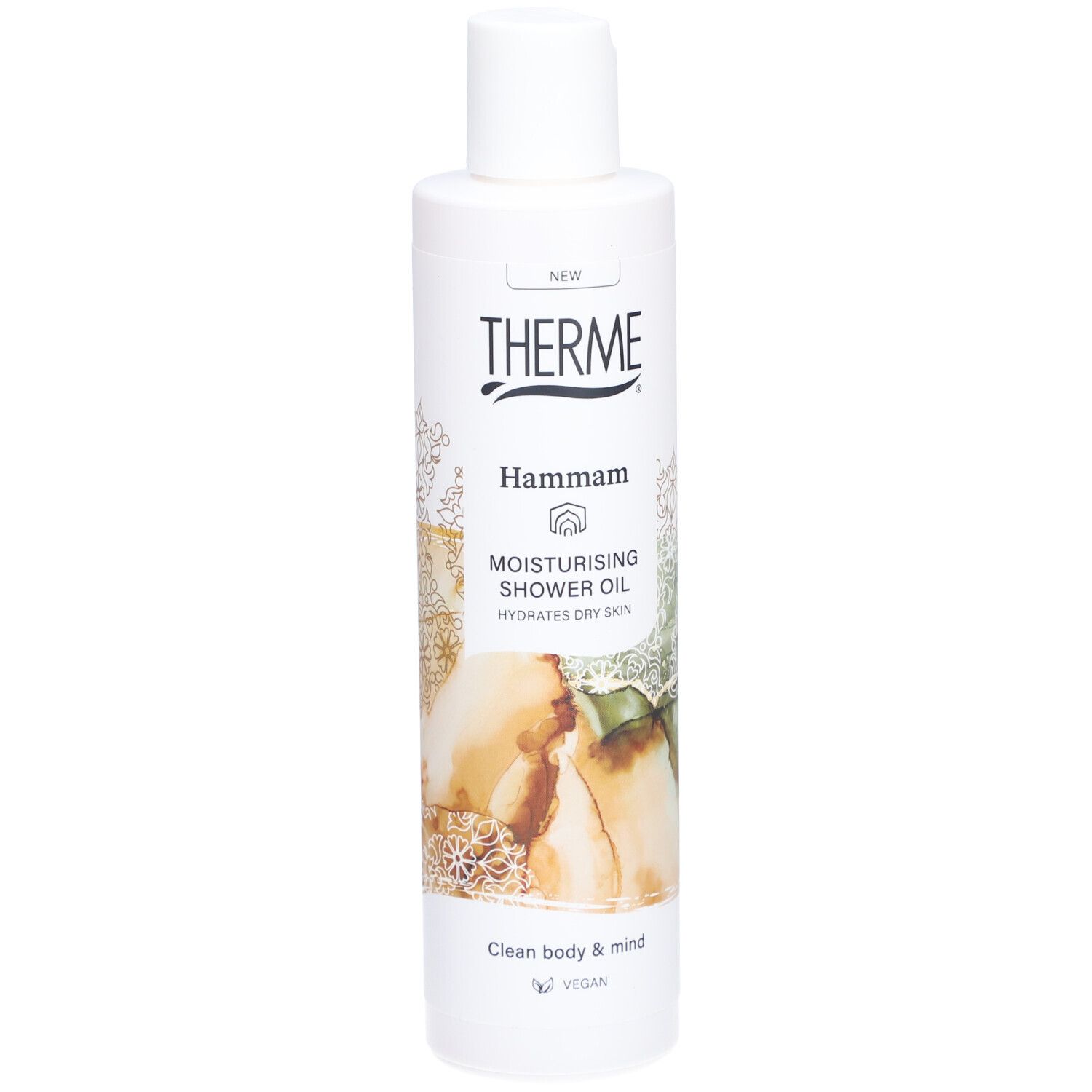 Witte fles Therme Hammam douche-olie. Opschrift: Moisturising Shower Oil. Vegan logo.
