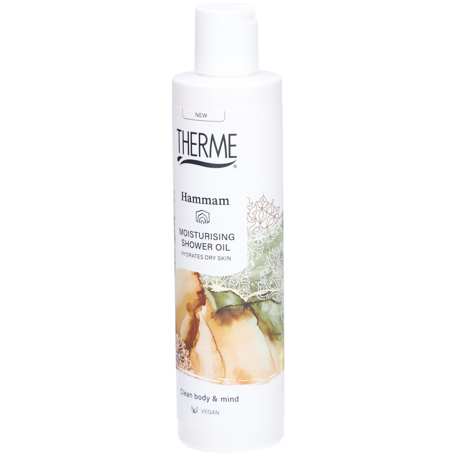 Witte fles Therme Hammam douche-olie. Opschrift: Moisturising Shower Oil. Vegan logo.