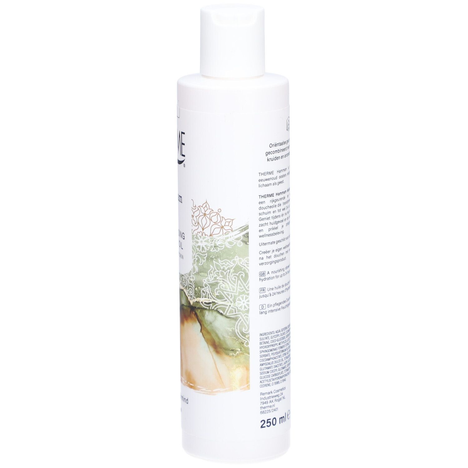 Witte fles, zijaanzicht. Therme Hammam douche-olie. Tekst en design. 250 ml.