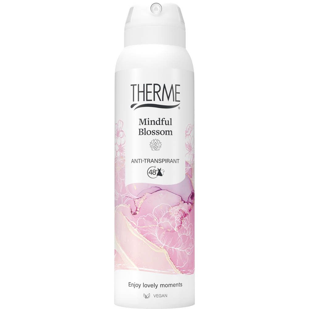 Therme Mindful Blossom anti-transpirant spray. Witte fles met verstuiver. Opschrift: 48H Anti-transpirant.