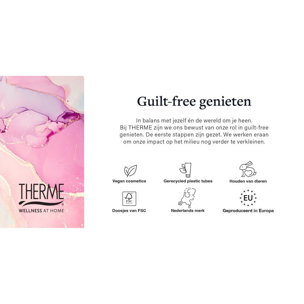 Therme logo en tekst. Vegan, gerecyclede plastic tubes, dierproefvrij, FSC-gecertificeerd, EU-productie.