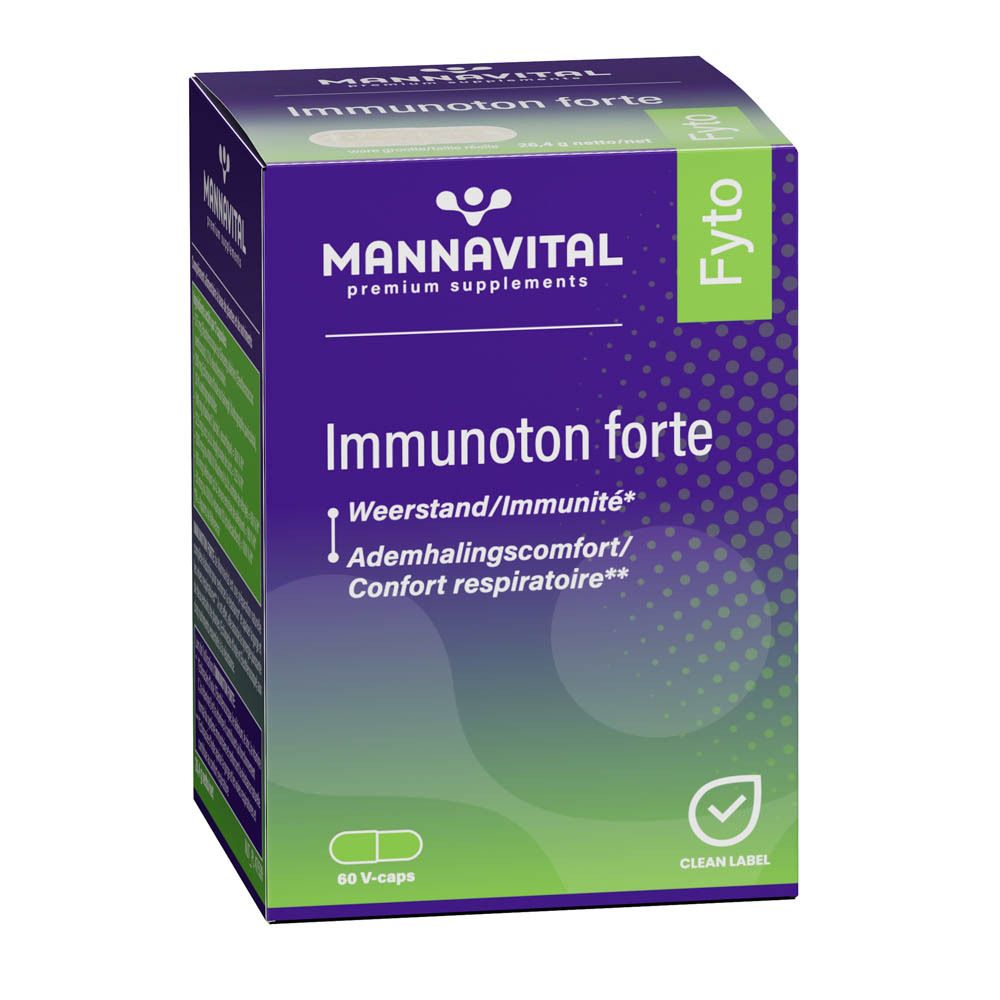 Doosje Mannavital Immunoton forte. Paars, groen en wit. 60 V-capsules. Productnaam en logo. Tekst: Weerstand/Immuniteit.