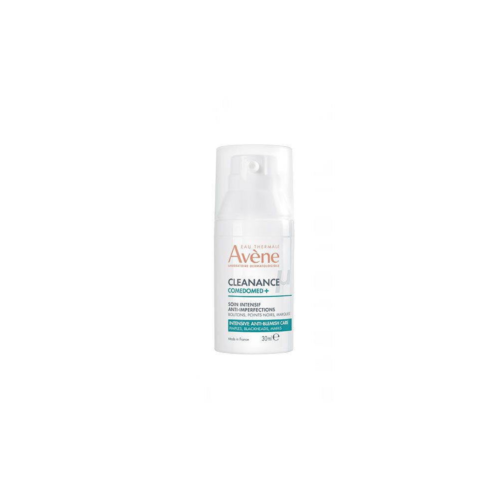 Flacon blanc avec pompe. Inscription: Avène, Cleanance Comedomed+, Soin intensif anti-imperfections.