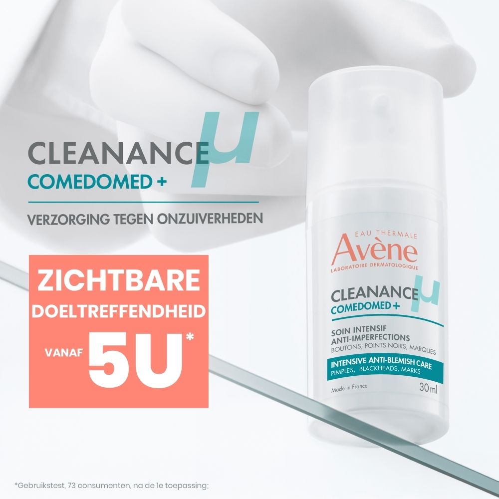 Avène Cleanance Comedomed+ fles. Wit, met doseerkop. Tekst: Cleanance Comedomed+, 30ml.