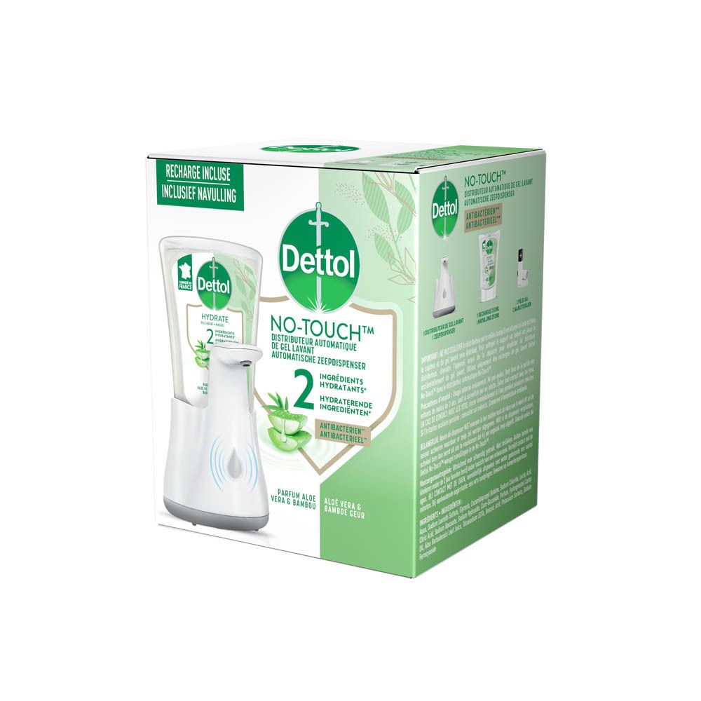 Emballage du distributeur de savon Dettol No-Touch. Contient distributeur, recharge, parfum Aloe Vera & Bambou. Antibactérien.