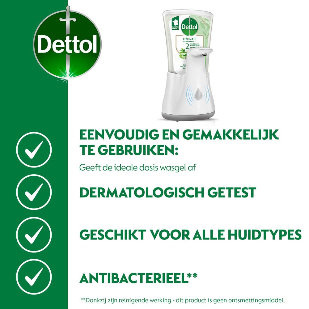 Dettol No-Touch zeepdispenser met navulling. Toont de dispenser en de navulling.