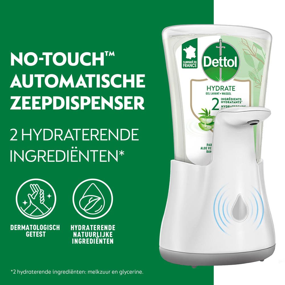 Achterkant verpakking Dettol No-Touch. Toont instructies voor gebruik.