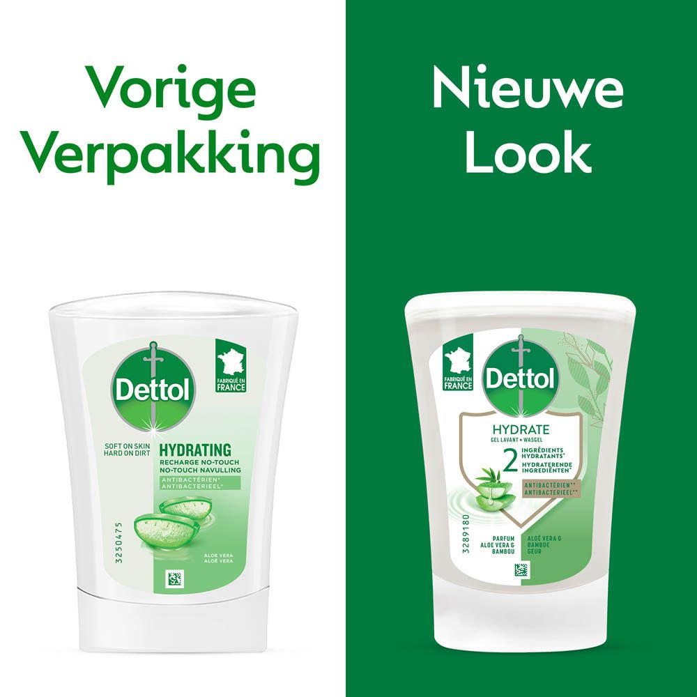 Dettol No-Touch zeepdispenser. Toont eigenschappen: dermatologisch getest, voor alle huidtypes.
