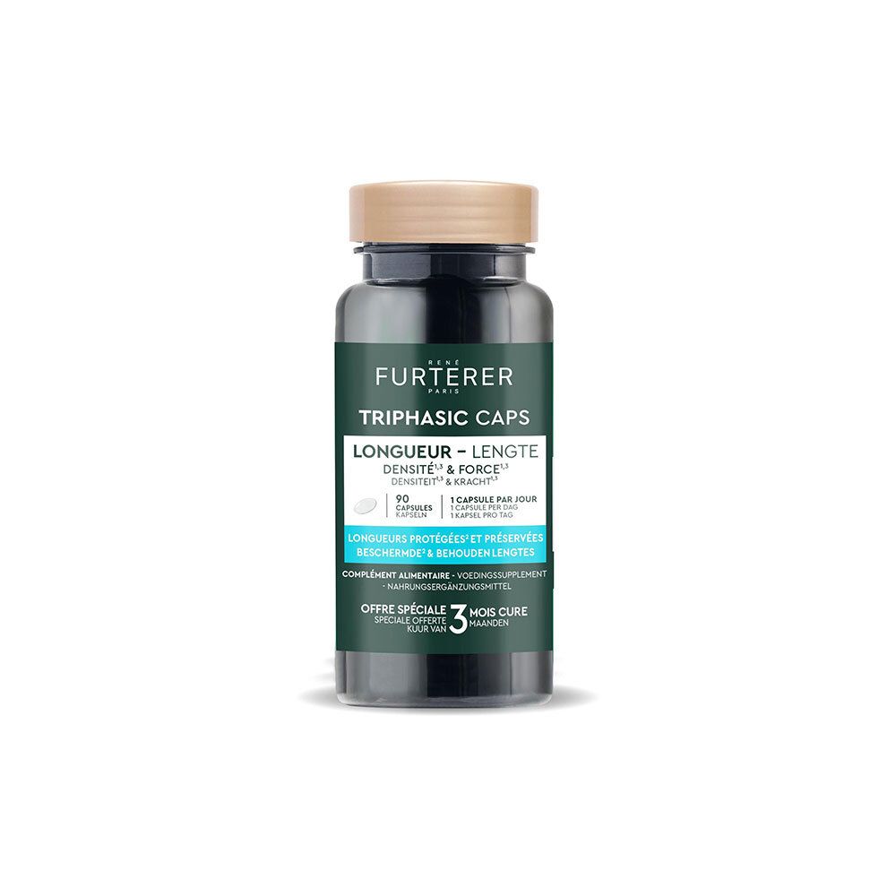 Fles met capsules. Opschrift: René Furterer, Triphasic Caps Longueur. 90 capsules. Kuur van 3 maanden.