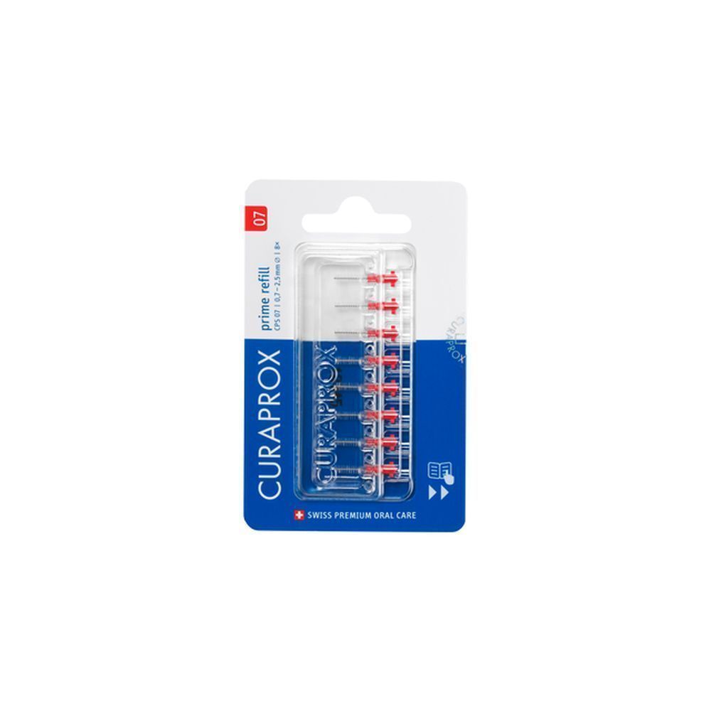 Recharge de brosses interdentaires rouges. Emballage avec nom et logo du produit. "07" et "prime refill" visibles.