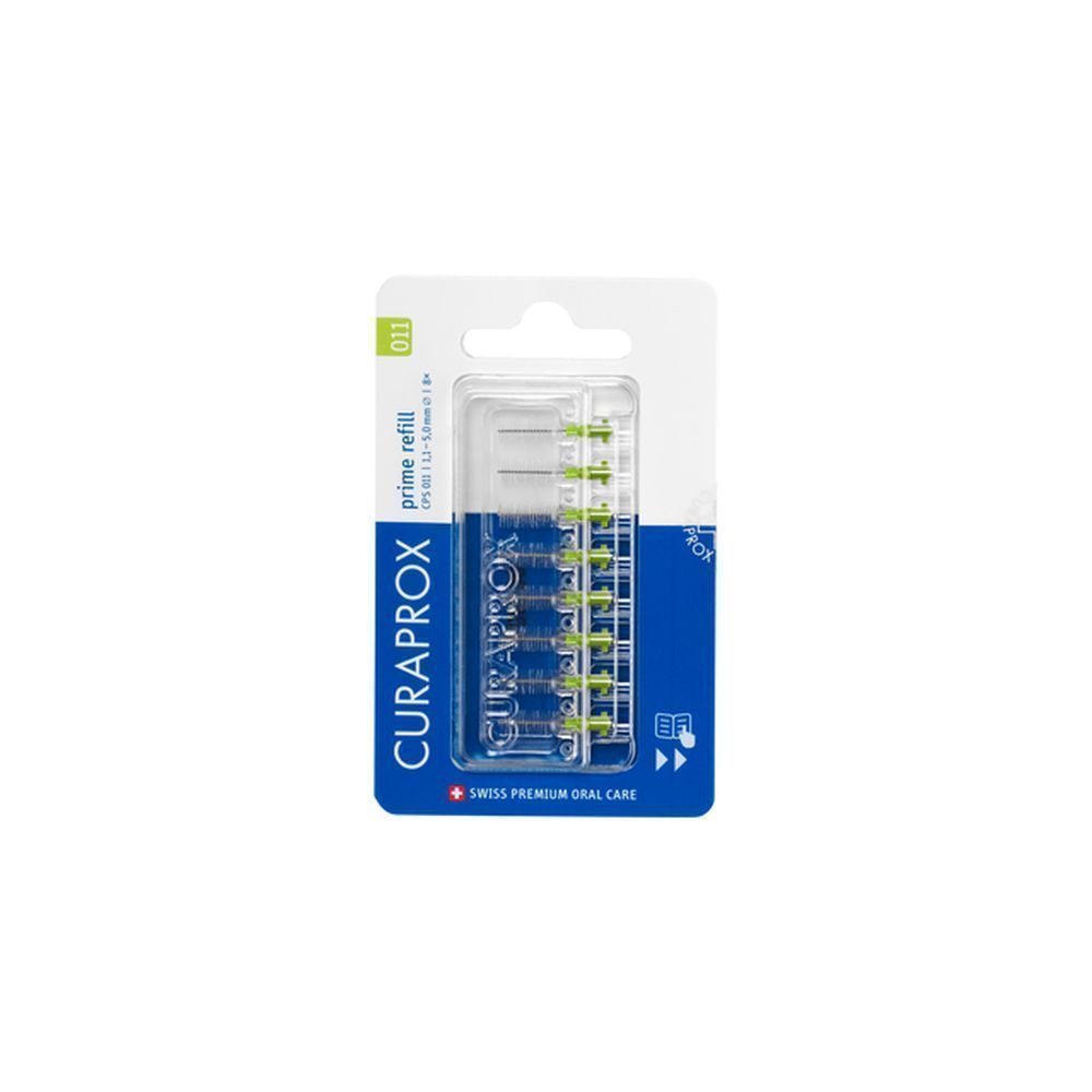 Navulling voor interdentale borstels. Blauwe verpakking met transparant venster. Groene borstelkoppen zichtbaar. Merk Curaprox.