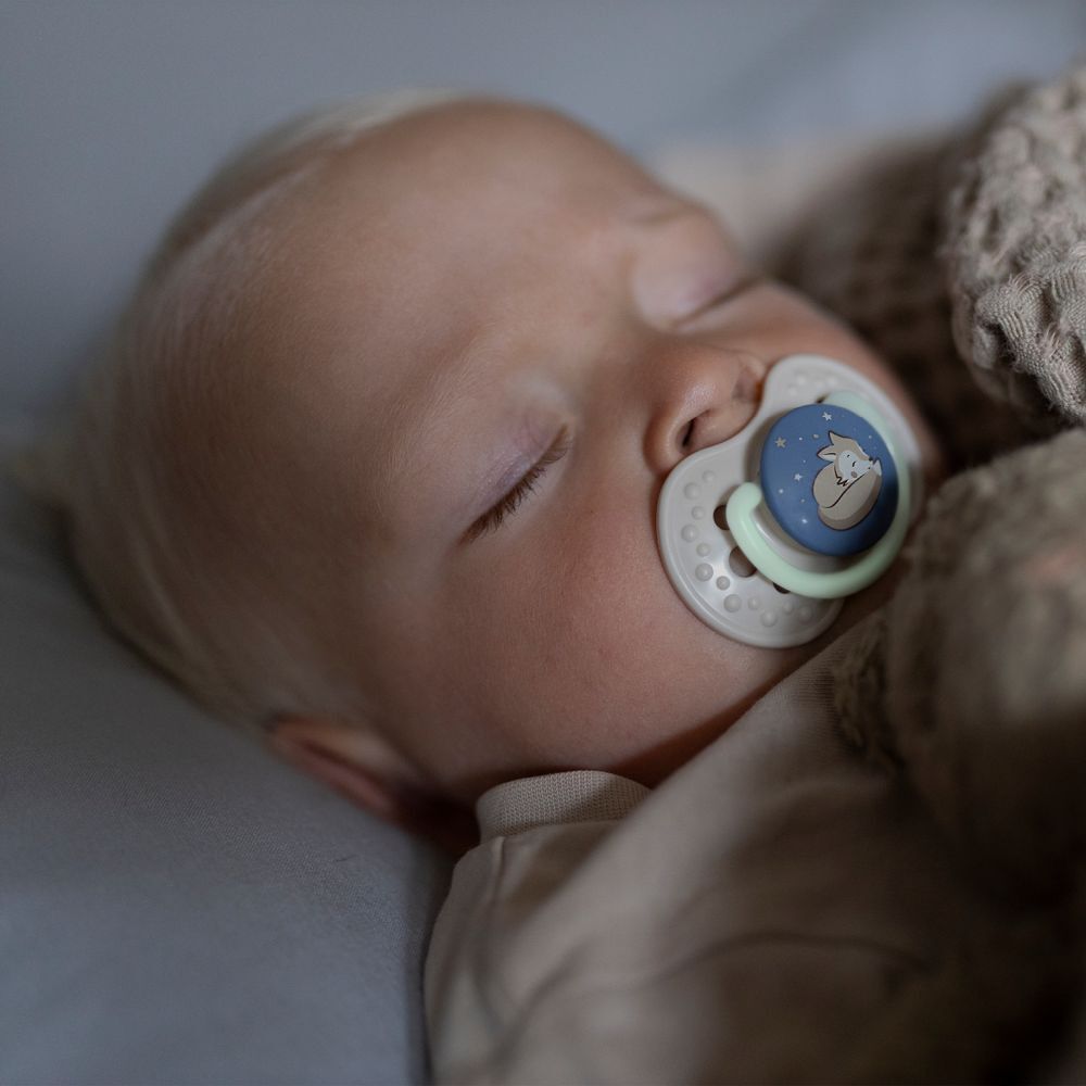 Baby slaapt met fopspeen in de mond. Fopspeen met vossenmotief. Lichte kamer, baby ligt op deken.