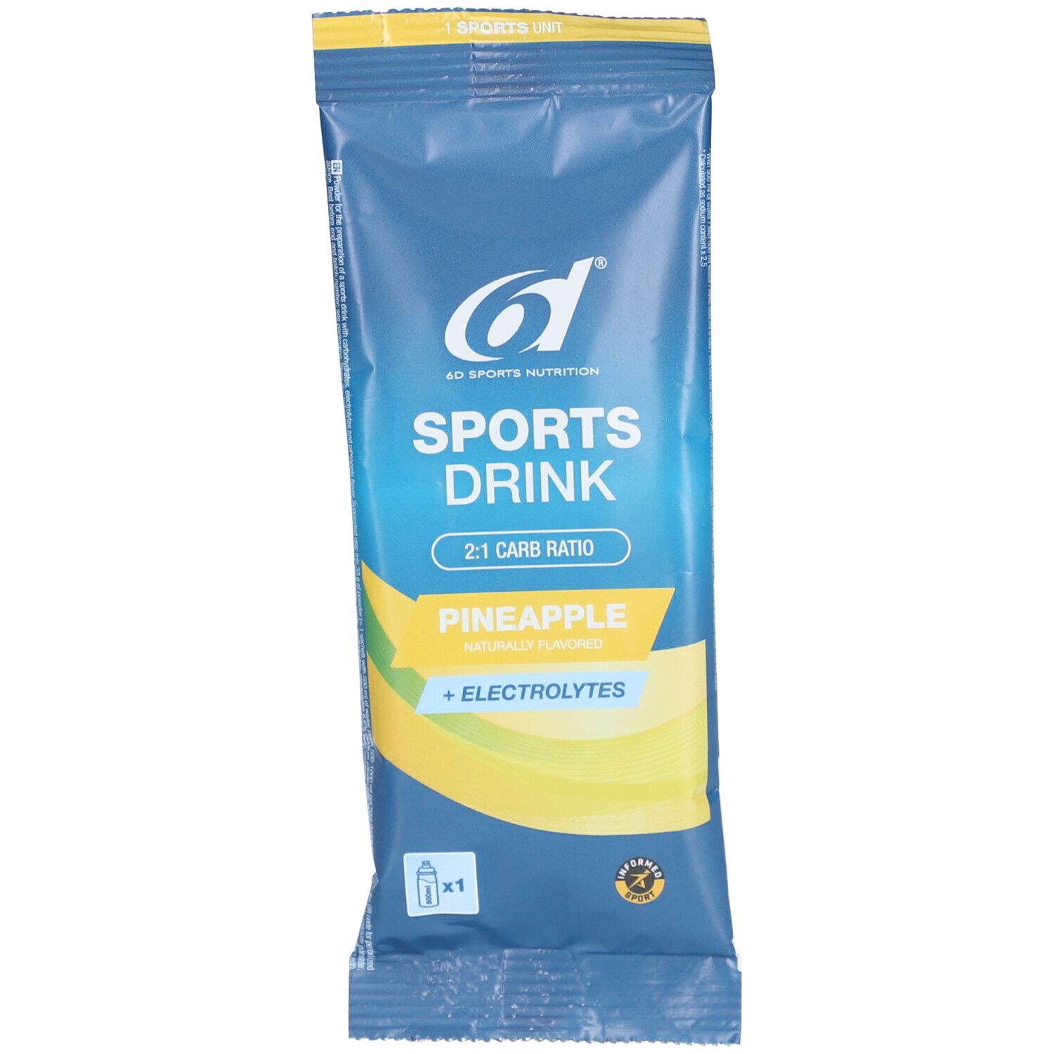 Blauwe zak met gele accenten. Opschrift: Sports Drink, Ananas, Elektrolyten. Logo: 6D Sports Nutrition. 2:1 Koolhydraatverhouding.