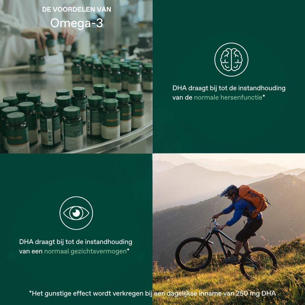 Vier afbeeldingen met info over Omega-3. Hersenen, oog, fietser. Tekst over DHA en functie.