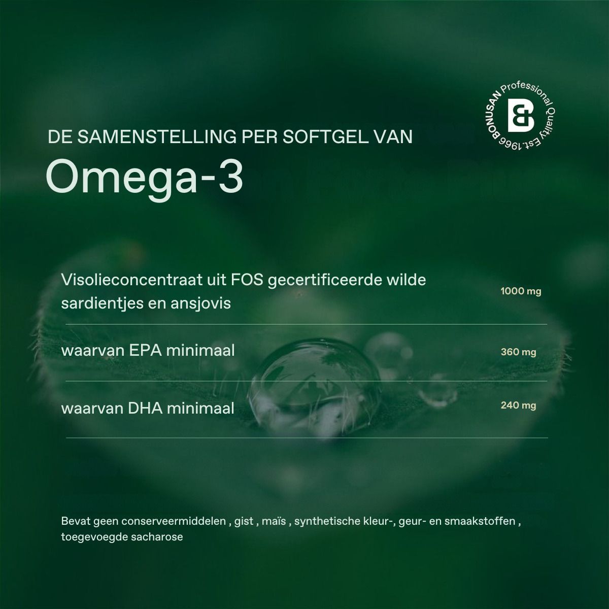 Samenstelling per softgel van Omega-3. Tekst over ingrediënten en hoeveelheden. Achtergrond: blad.