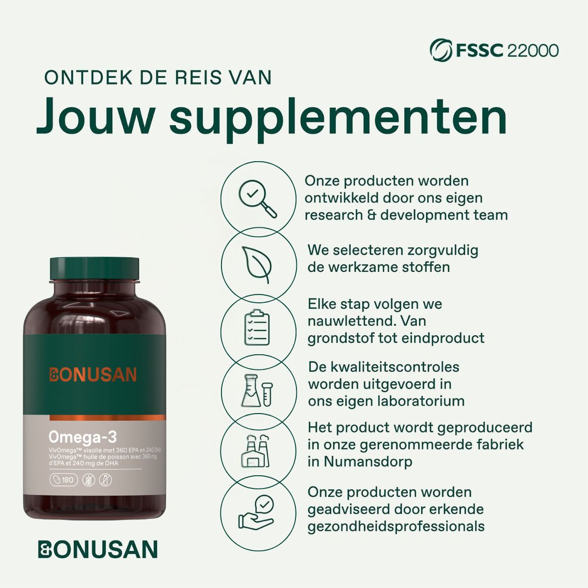 Bruine fles met Omega-3 capsules. Tekst over de reis van de supplementen.
