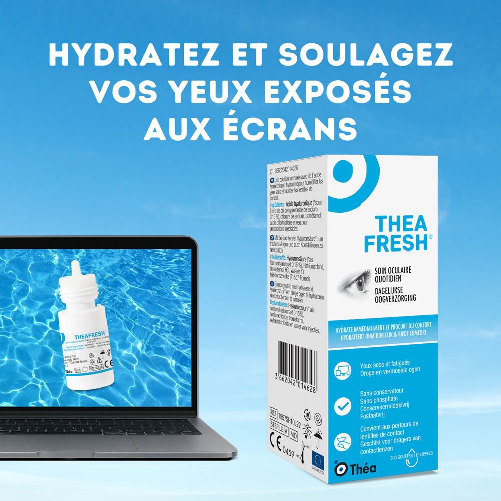 Boîte avec logo THEAFRESH et informations produit. Flacon de gouttes oculaires et bouchon ouvert.