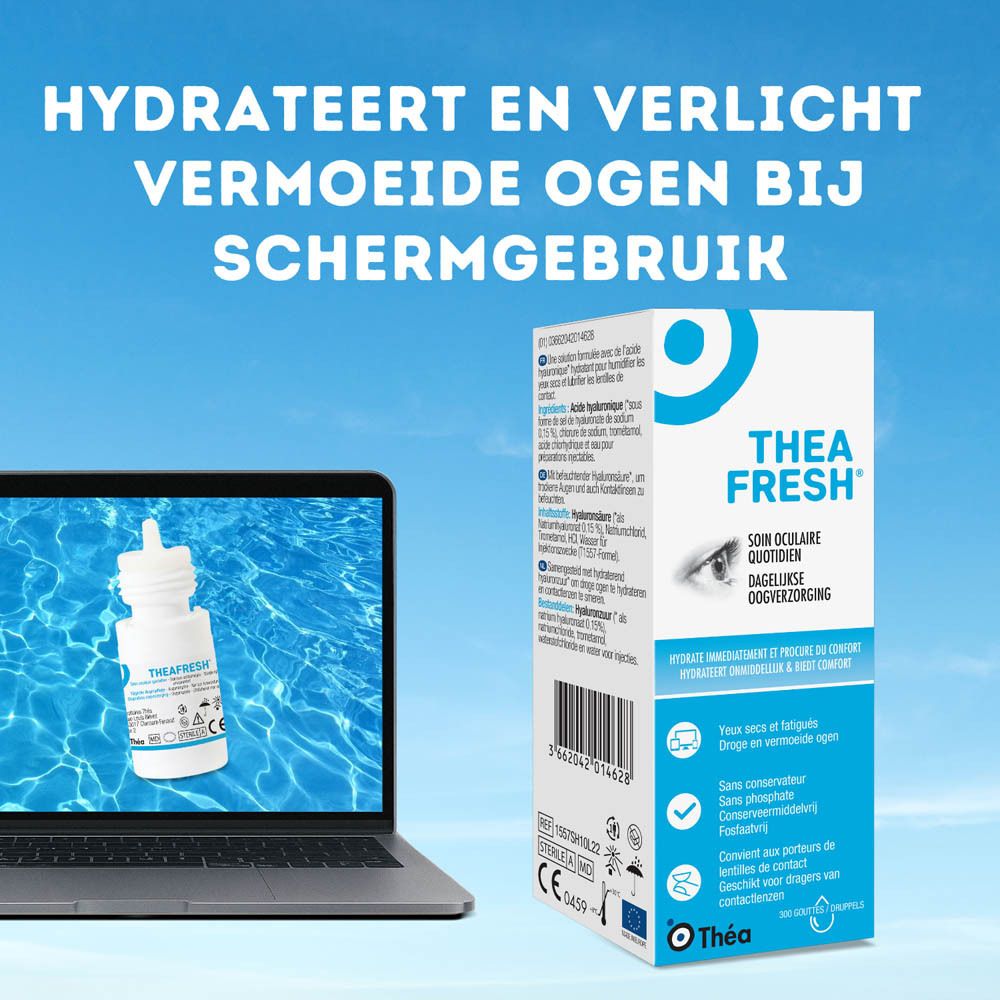Doos met THEAFRESH-logo en productinformatie. Flesje oogdruppels en open dop.