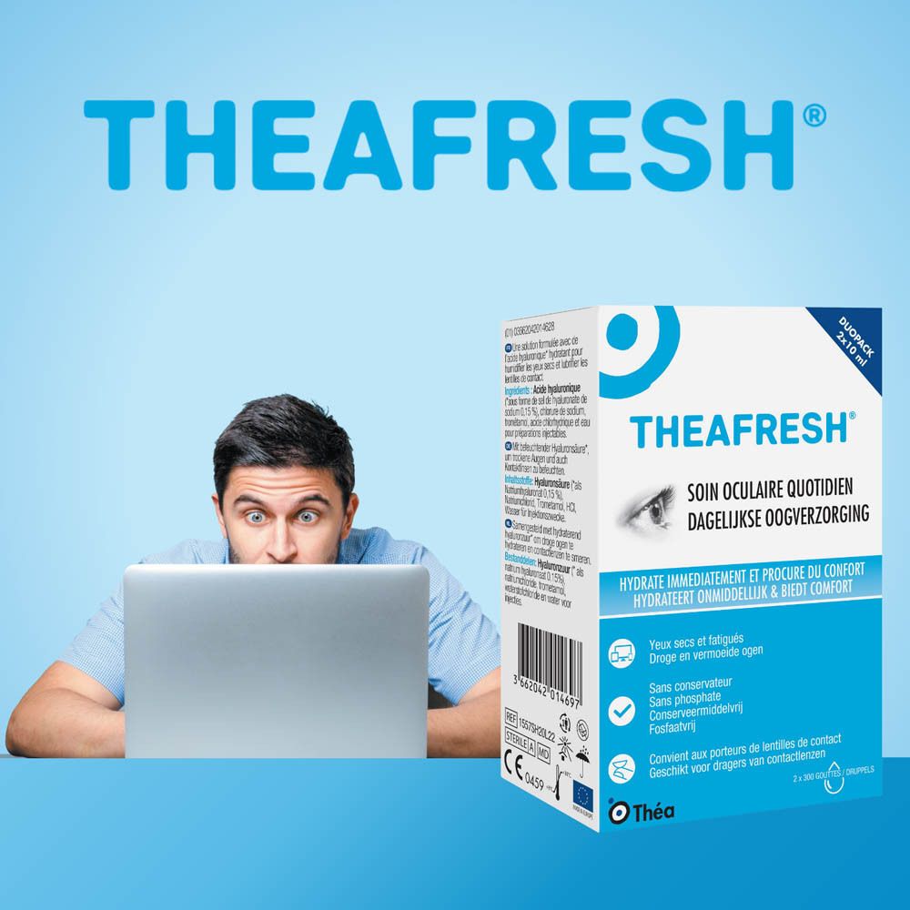 Man voor laptop. THEAFRESH® DUOPACK oogdruppelverpakking. Tekst: SOIN OCULAIRE QUOTIDIEN, DAGELIJKSE OOGVERZORGING. 2x10 ml.