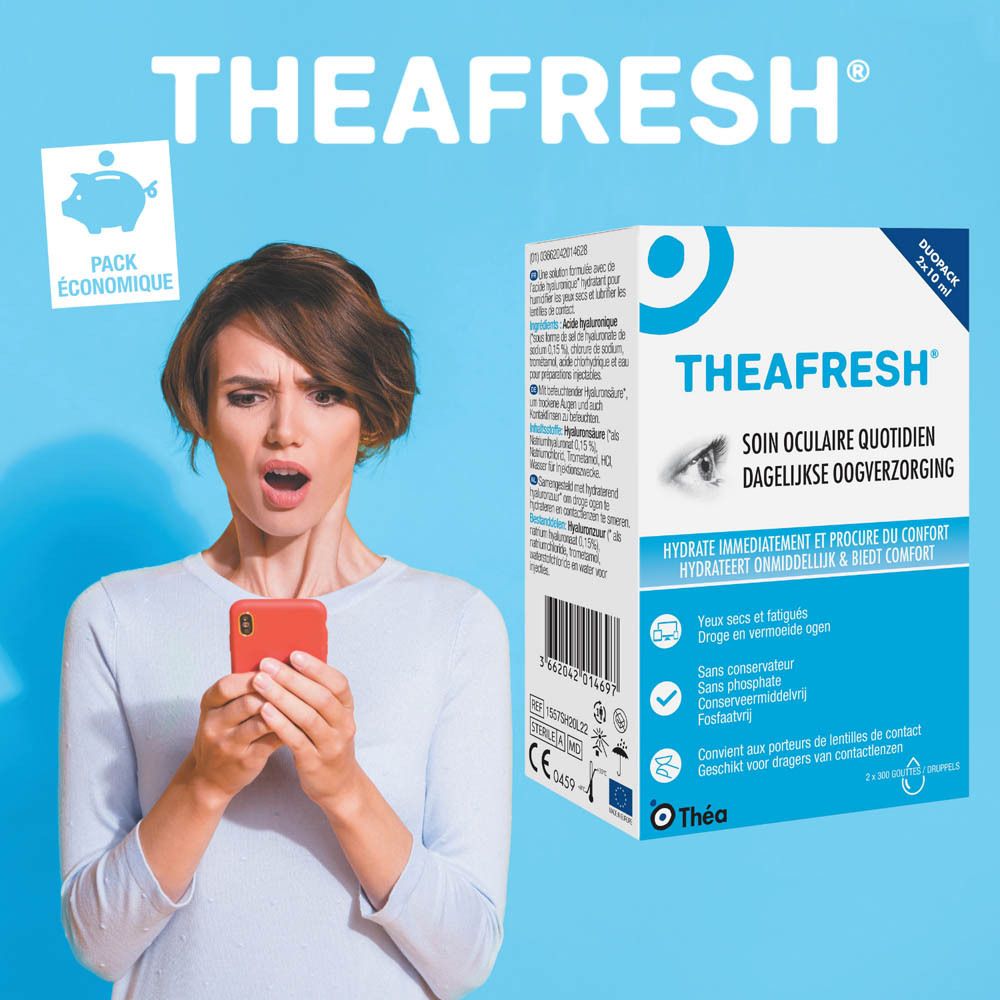 Femme avec smartphone. Boîte de gouttes oculaires THEAFRESH® DUOPACK. Texte: SOIN OCULAIRE QUOTIDIEN, DAGELIJKSE OOGVERZORGING. 2x10 ml.
