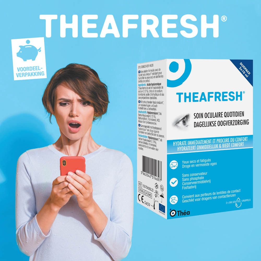 Vrouw met smartphone. THEAFRESH® DUOPACK oogdruppelverpakking. Tekst: SOIN OCULAIRE QUOTIDIEN, DAGELIJKSE OOGVERZORGING. 2x10 ml.