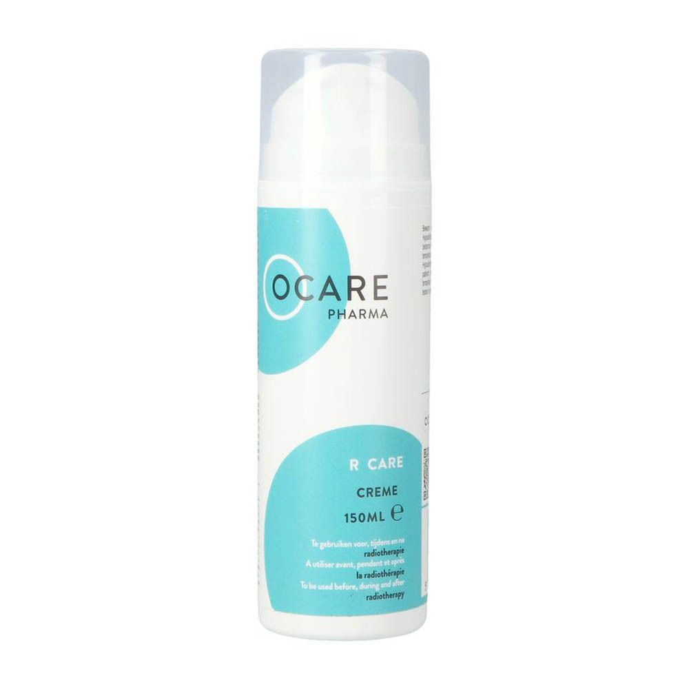 Flacon blanc et bleu avec texte. Ocare Pharma, R Care Crème, 150ml. Pour la radiothérapie.