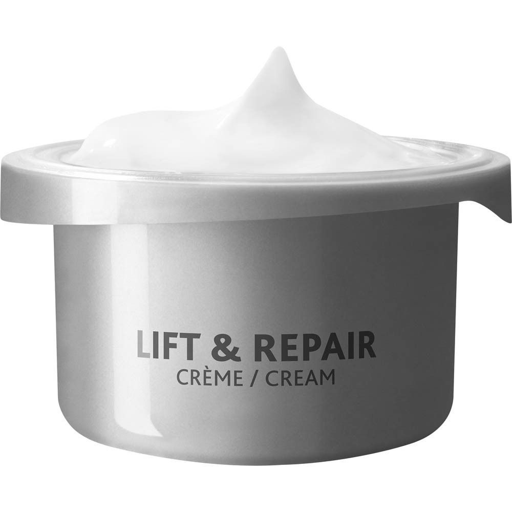Product in pot. Opschrift: Lift & Repair Crème/Cream. Crèmetextuur zichtbaar.