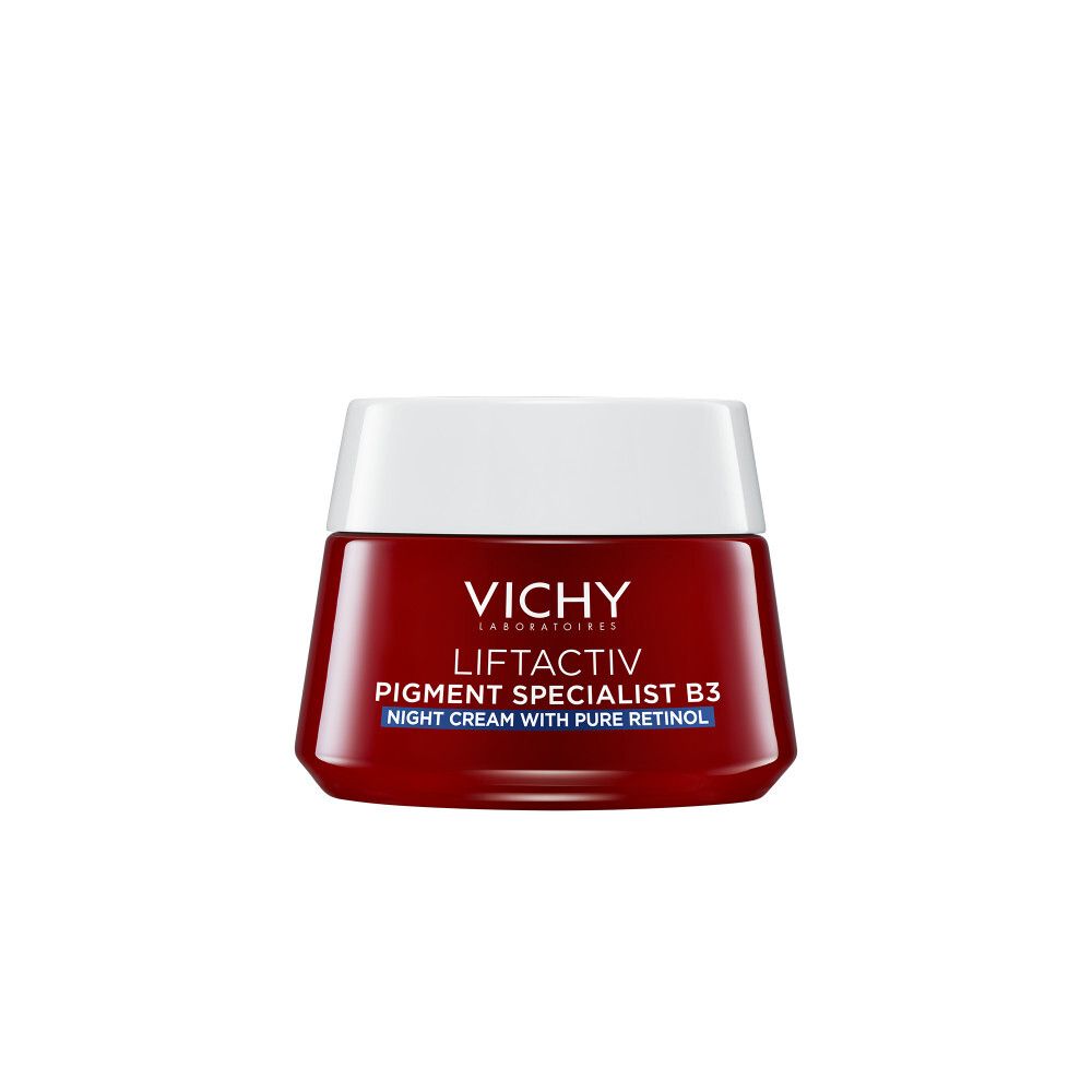 Vichy Liftactiv Pigment Specialist B3 nachtcrème. Rode pot met witte deksel.