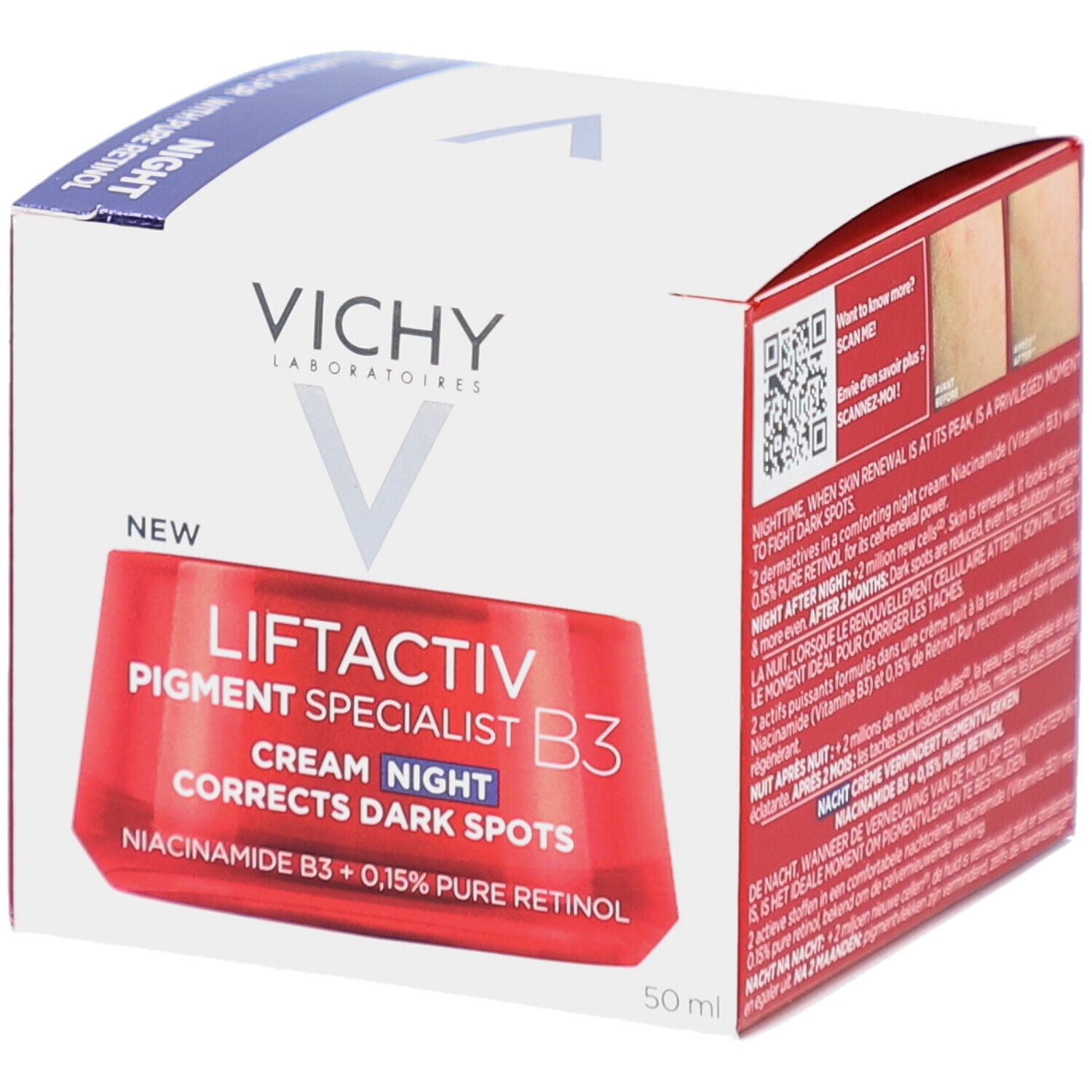 Crème de nuit Vichy Liftactiv B3 en boîte. Pot rouge, texte blanc. Contient Niacinamide B3 et 0,15% Rétinol pur.