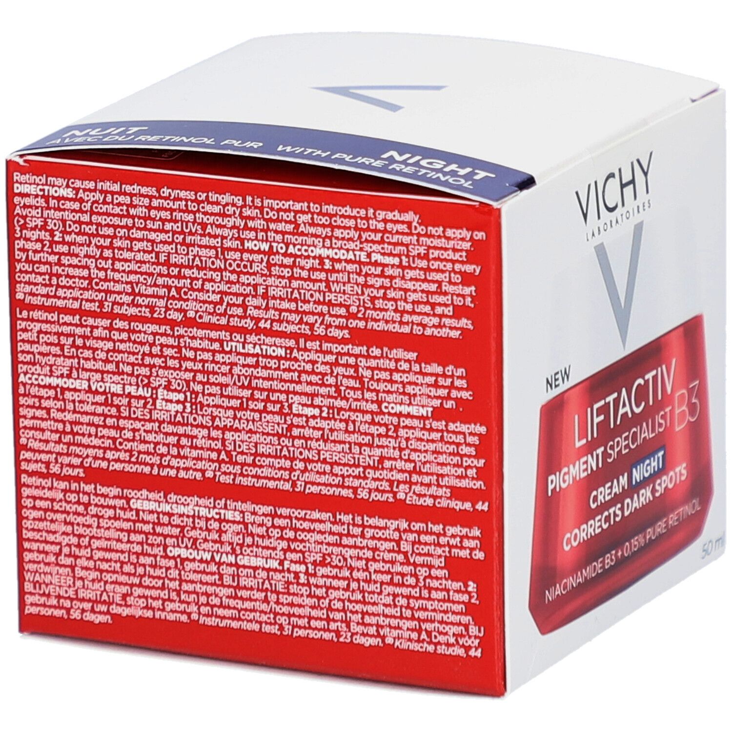Vichy Liftactiv Pigment Specialist B3 nachtcrème, verpakking. Witte doos met productinfo.