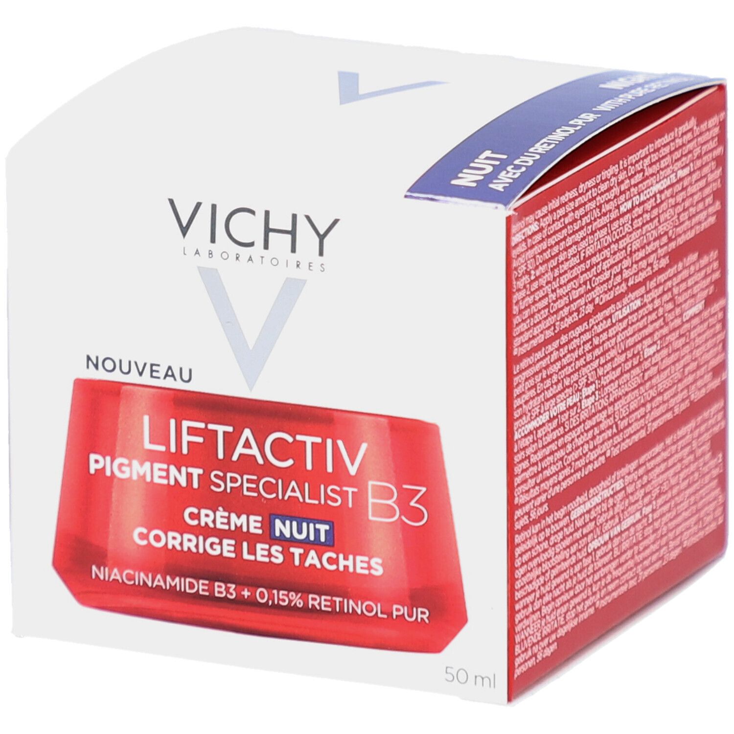 Vichy Liftactiv Pigment Specialist B3 nachtcrème, verpakking. Rode verpakking op witte achtergrond.