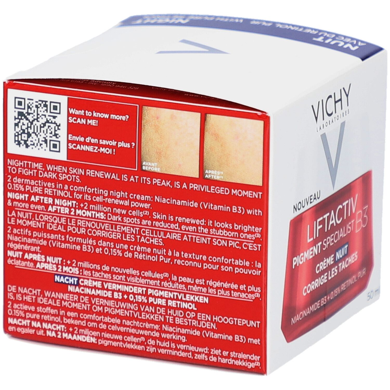 Vichy Liftactiv Pigment Specialist B3 nachtcrème, verpakking. QR-code en productinformatie.