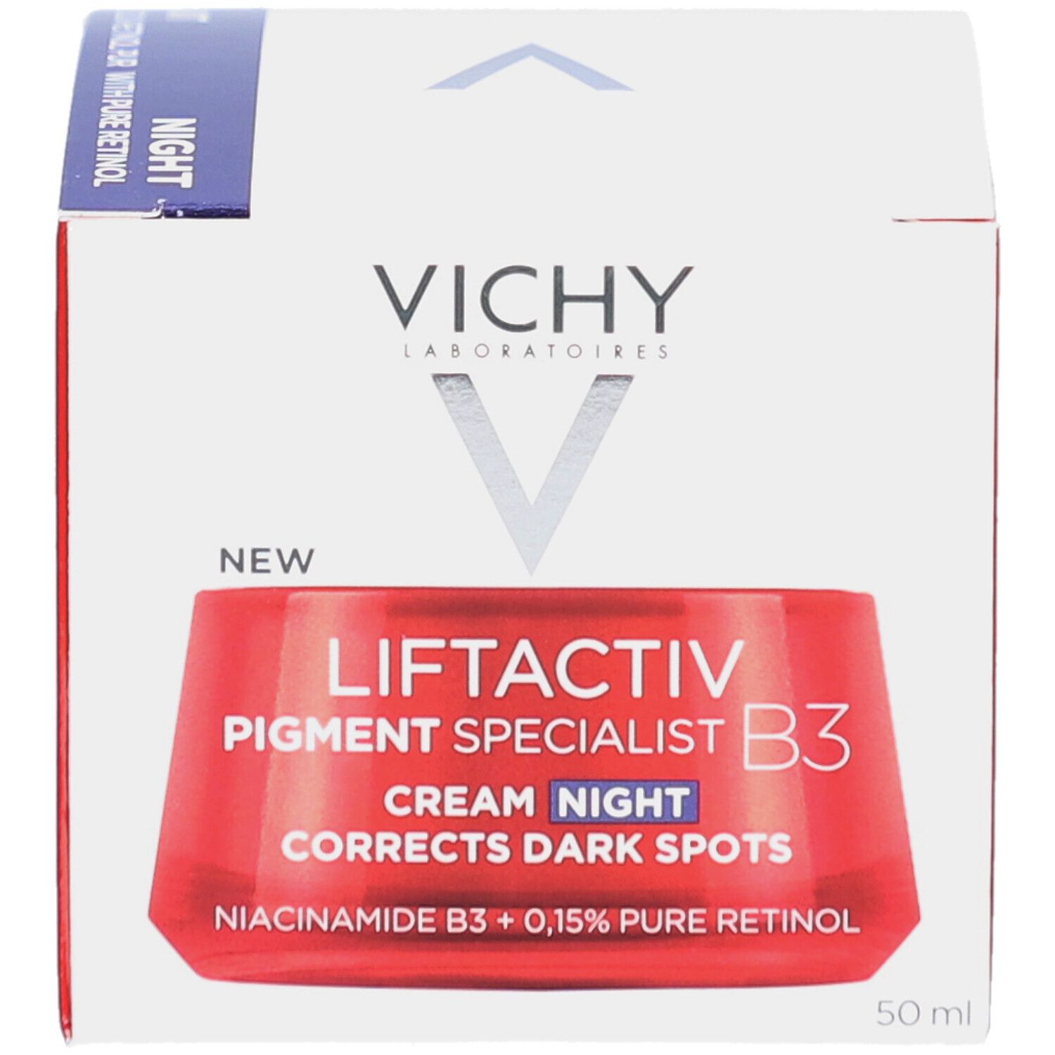 Vichy Liftactiv Pigment Specialist B3 nachtcrème, verpakking. Rode verpakking met productnaam.