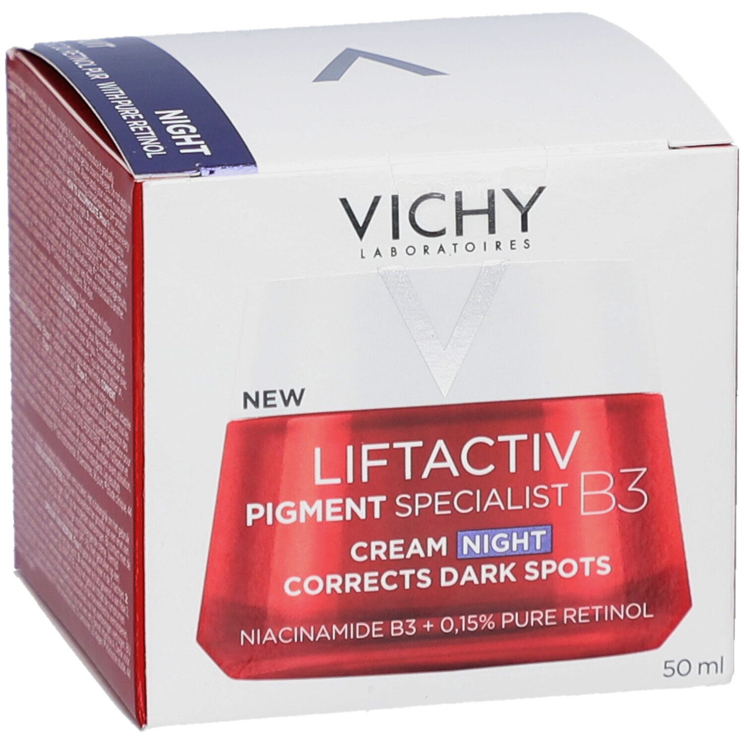 Vichy Liftactiv Pigment Specialist B3 nachtcrème, verpakking. Rode verpakking met productnaam.