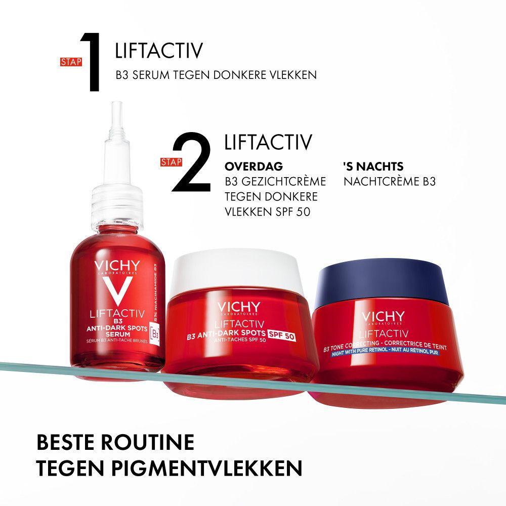 Drie Vichy-producten: Serum, dagcrème SPF 50 en B3 nachtcrème.