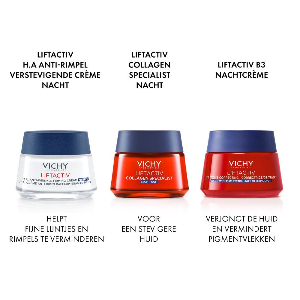 Drie Vichy-producten: H.A, Collagen Specialist en B3 nachtcrème.