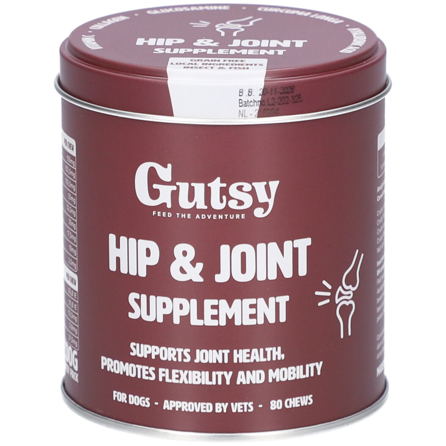 Ronde bruine pot 'Gutsy Hip & Joint Supplement'. Bevat 80 kauwsnacks. Ondersteunt gewrichtsgezondheid en mobiliteit.