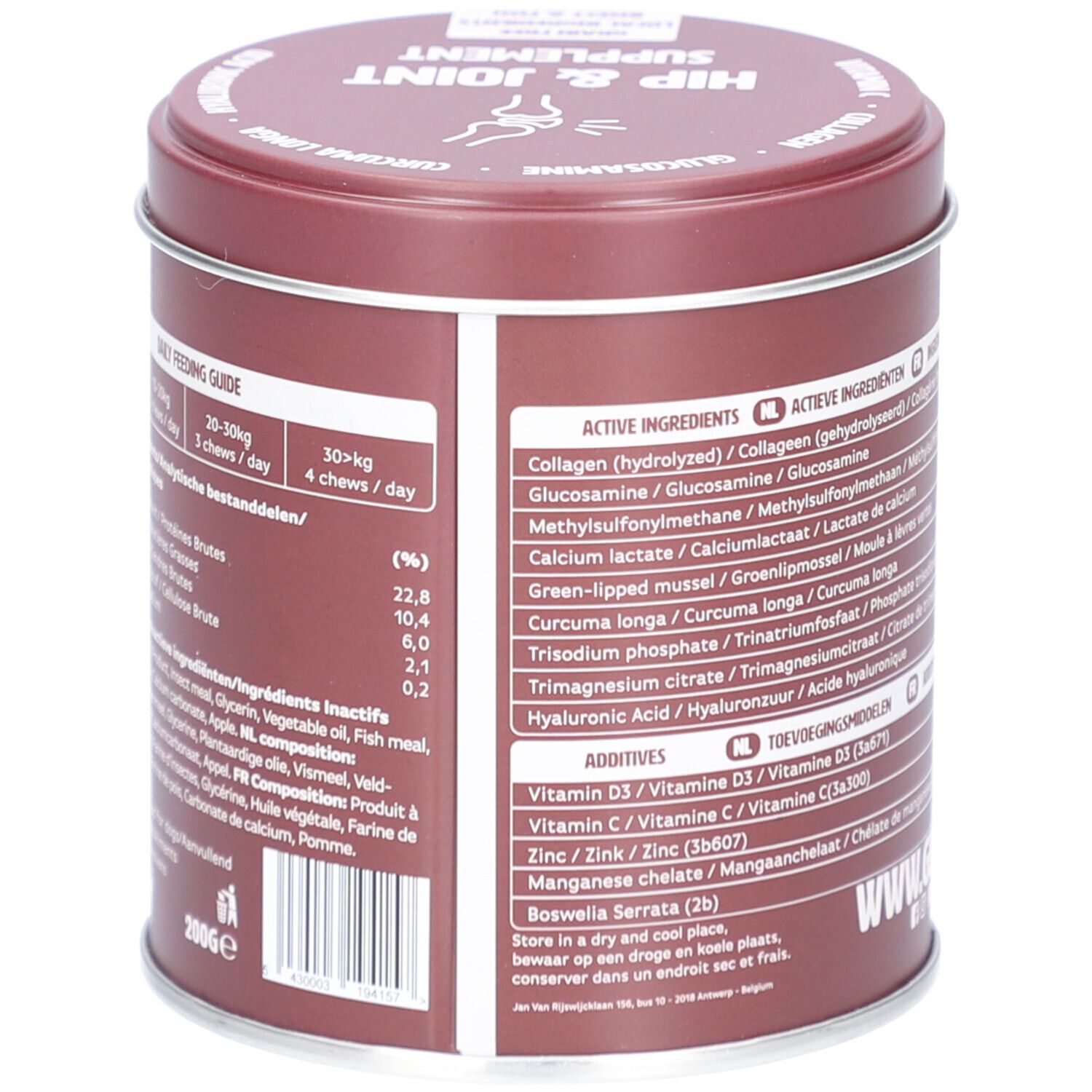 Bruine pot met ingrediënten en voedingsadvies. Bevat collageen, glucosamine, MSM. Met 200g indicatie.