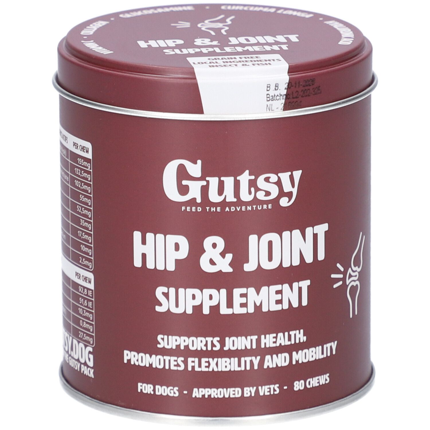 Bruine pot 'Gutsy Hip & Joint Supplement'. Bevat 80 kauwsnacks. Ondersteunt gewrichtsgezondheid en mobiliteit.