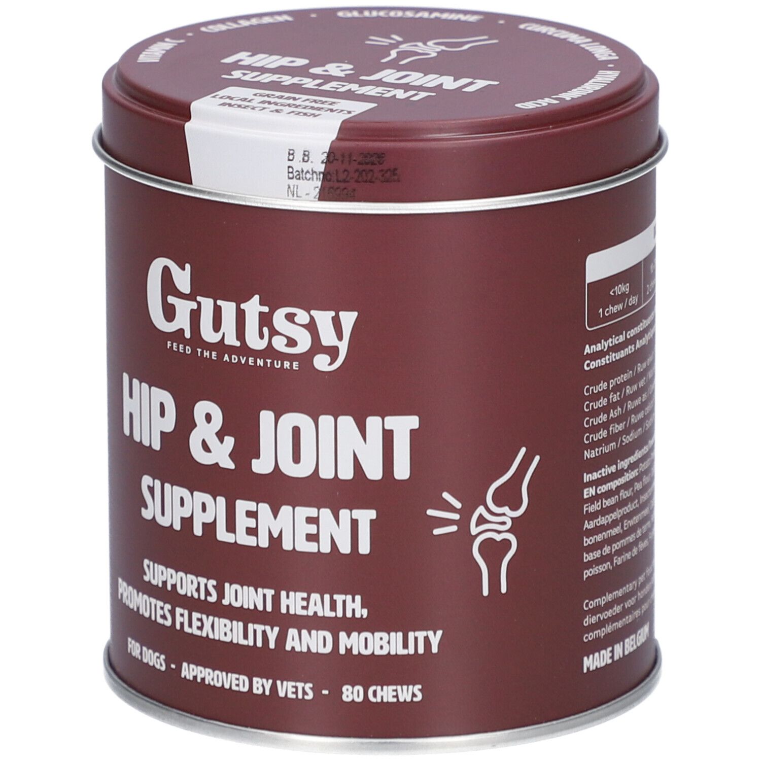 Bruine pot 'Gutsy Hip & Joint Supplement'. Bevat 80 kauwsnacks. Ondersteunt gewrichtsgezondheid en mobiliteit.