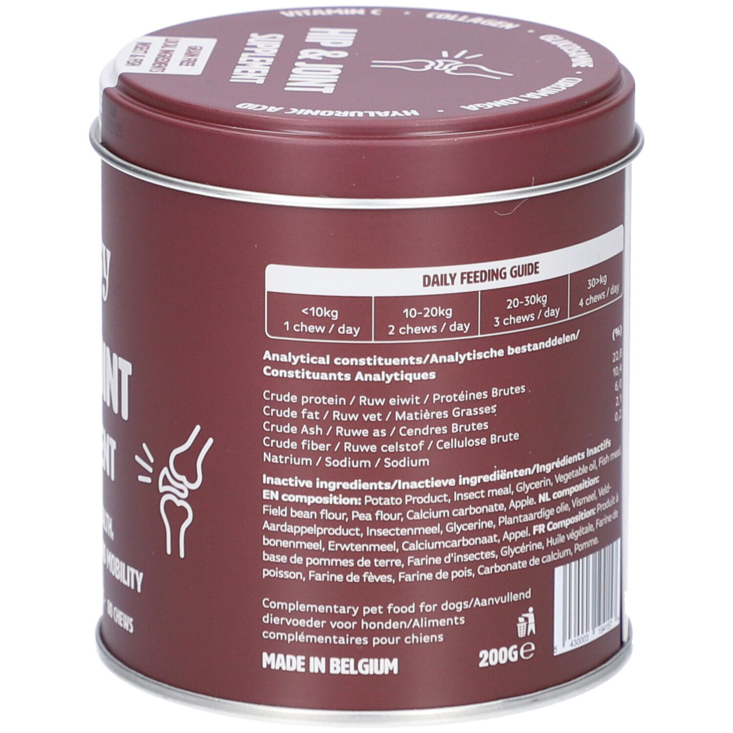 Bruine pot met ingrediënten en voedingsadvies. Bevat collageen, glucosamine, MSM. Met 200g indicatie.