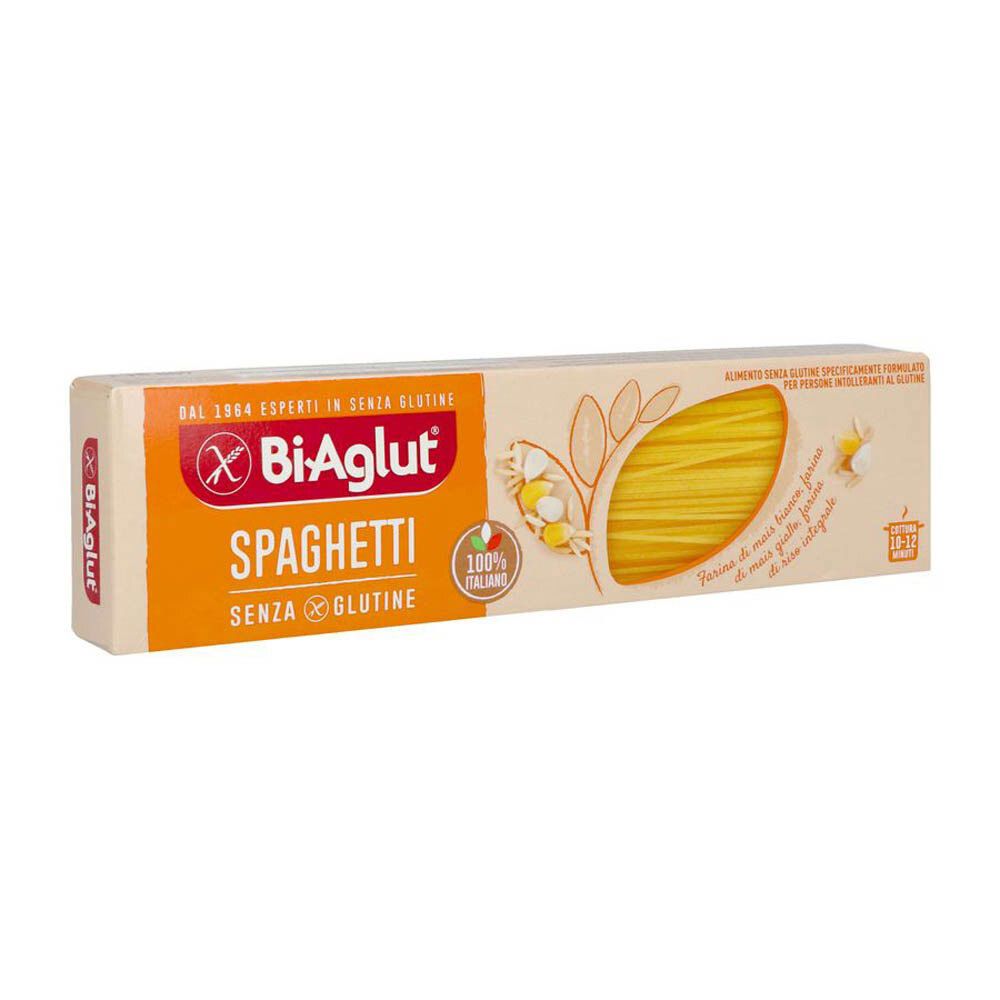 Paquet de spaghetti. Inscription : Bi-Aglut Spaghetti senza glutine. Symbole sans gluten et label de qualité italien.