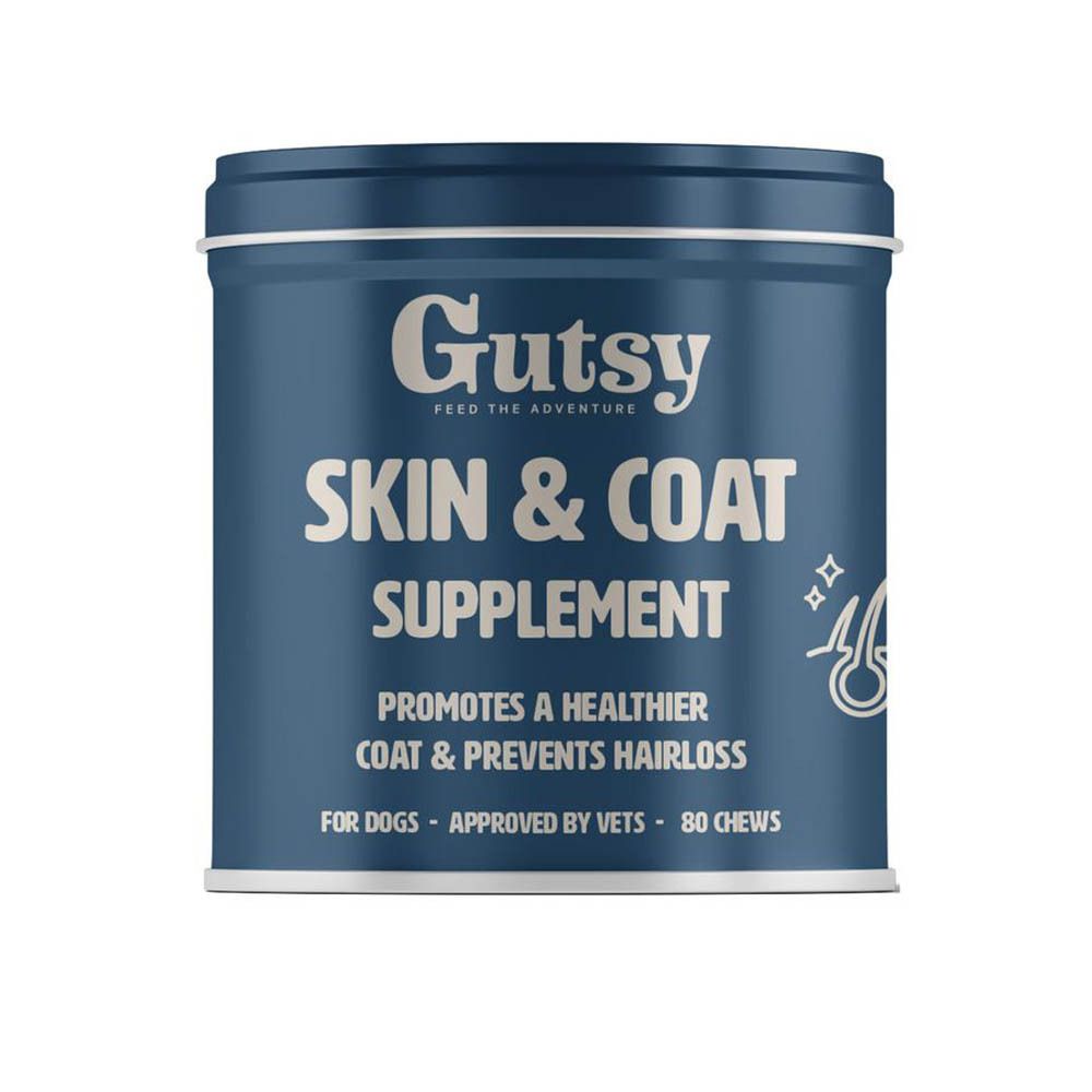 Blauwe blik "Gutsy Skin & Coat Supplement". Bevat 80 kauwsnacks. Bevordert gezonde huid en vacht.