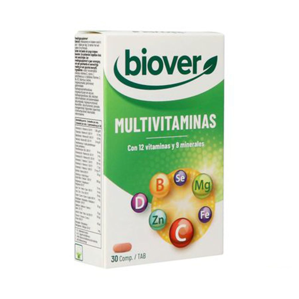 Boîte de Multivitaminas. Contient 12 vitamines et 9 minéraux. Marque Biover. 30 comprimés. Avec symboles vitamines et minéraux.