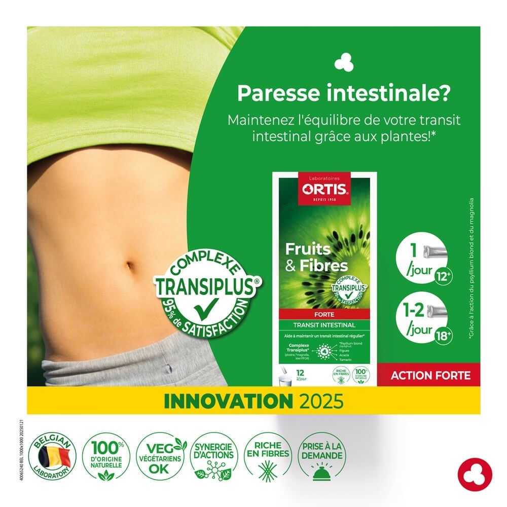 Ortis Fruits & Fibres Forte: Emballage avec motif kiwi, 12 sachets, pour transit intestinal.